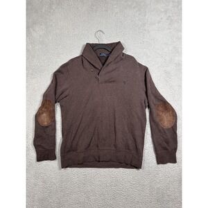Polo Ralph Lauren Sweater Mens Large Brown Shawl Collar Elbow Patch Pullover
